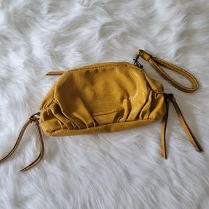 BCBGeneration Vegan Leather Mustard Yellow Clutch Wristlet Croissant Shaped NWOT